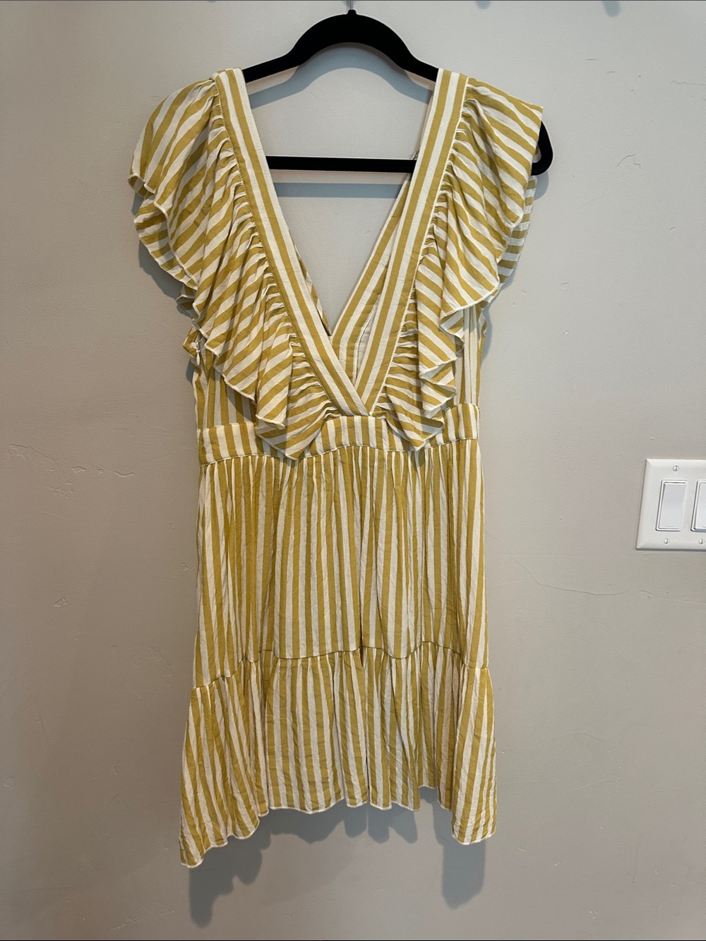 SHEIN Yellow and White Striped V-Neck Ruffle Dress
